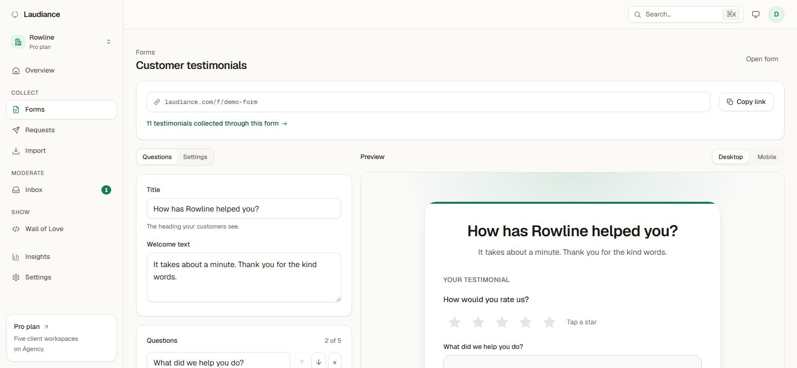 The Laudiance form builder with a live preview of the public collection form