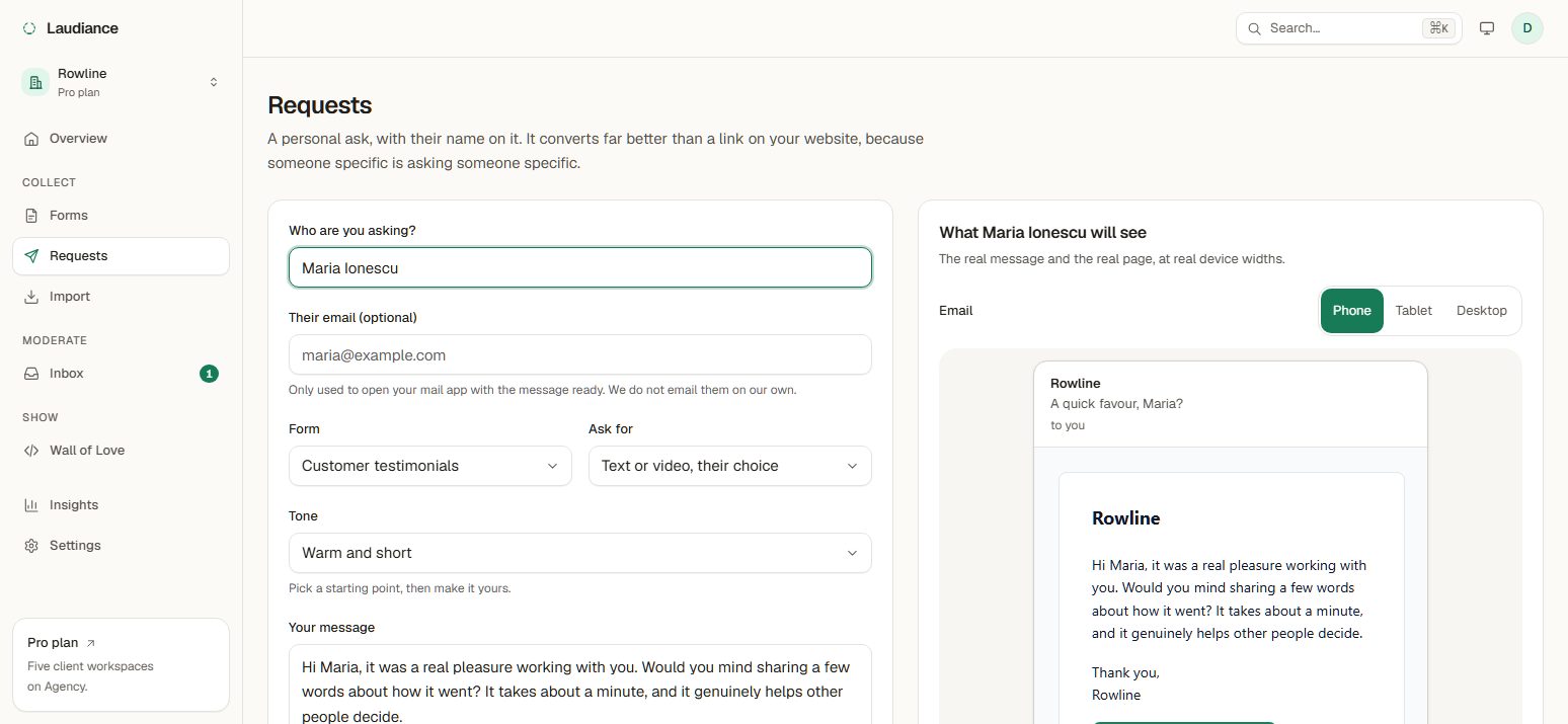 The Laudiance request composer with a pre-written message and a preview of the email on a phone
