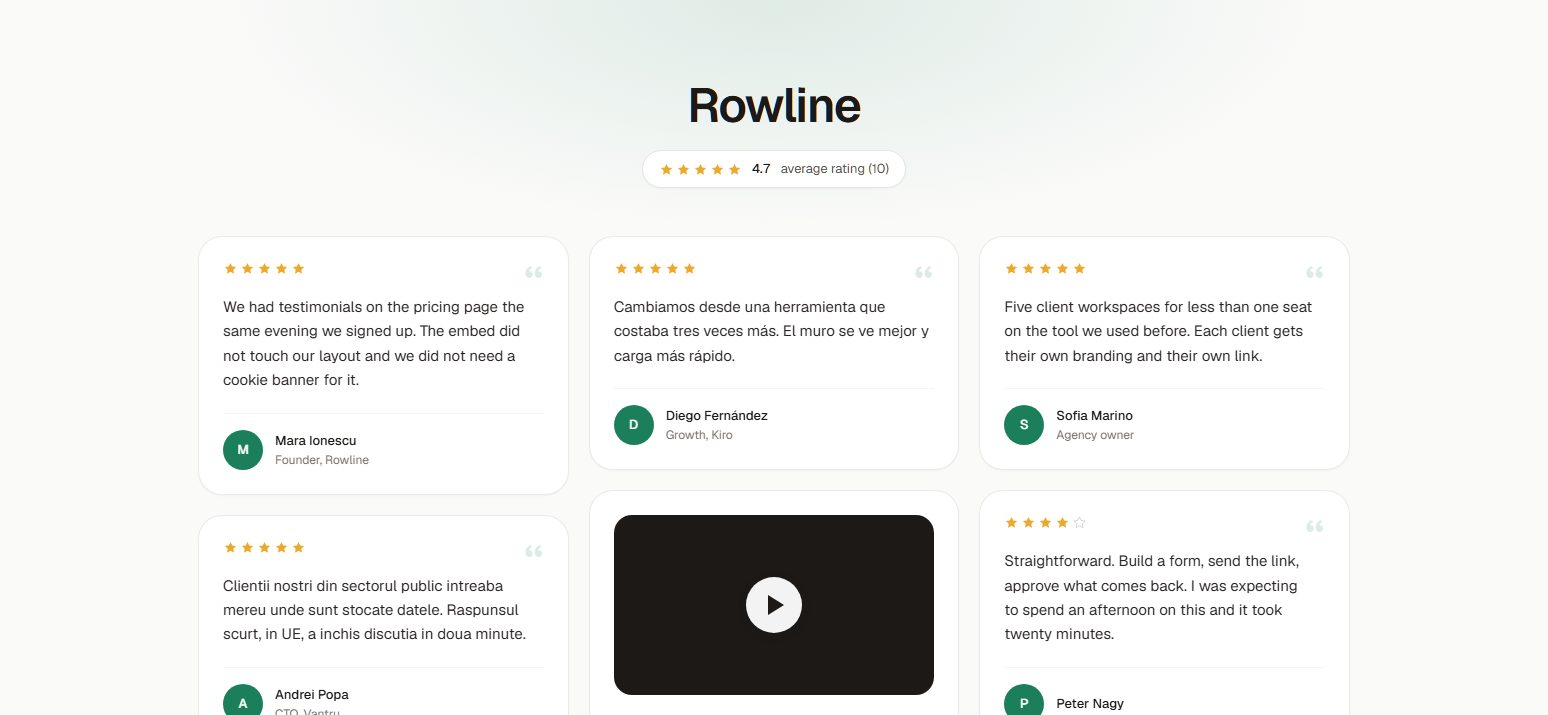 A hosted Wall of Love page showing testimonials in several languages, one with video